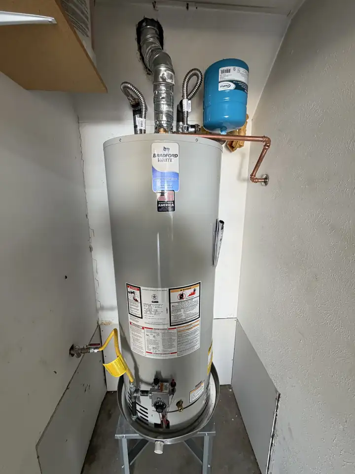 Replaced 50 gallon Bradford White gas water heater with expansion tank, Plano