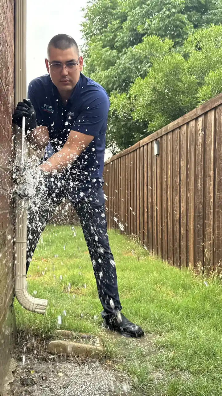 Plumber shutting off water spraying from a broken outside wall faucet, emergency call, Frisco
