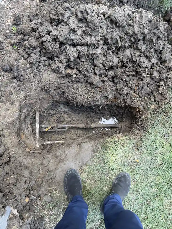 Leaking secondary shutoff valve and PRV dug out in a flower bed, Frisco