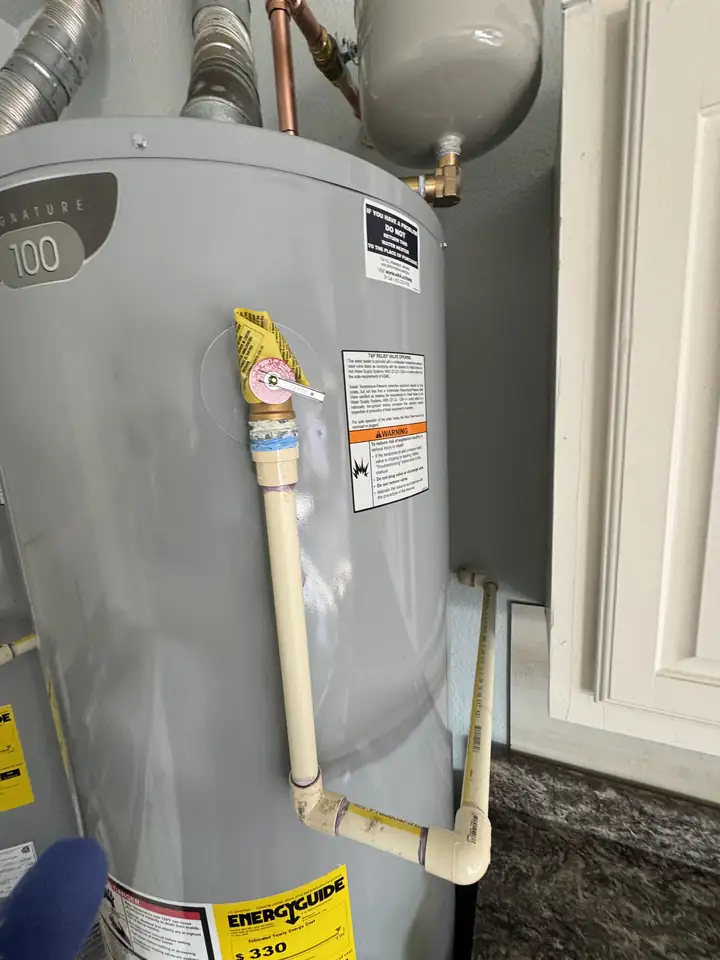 New temperature and pressure relief valve on a water heater, Frisco