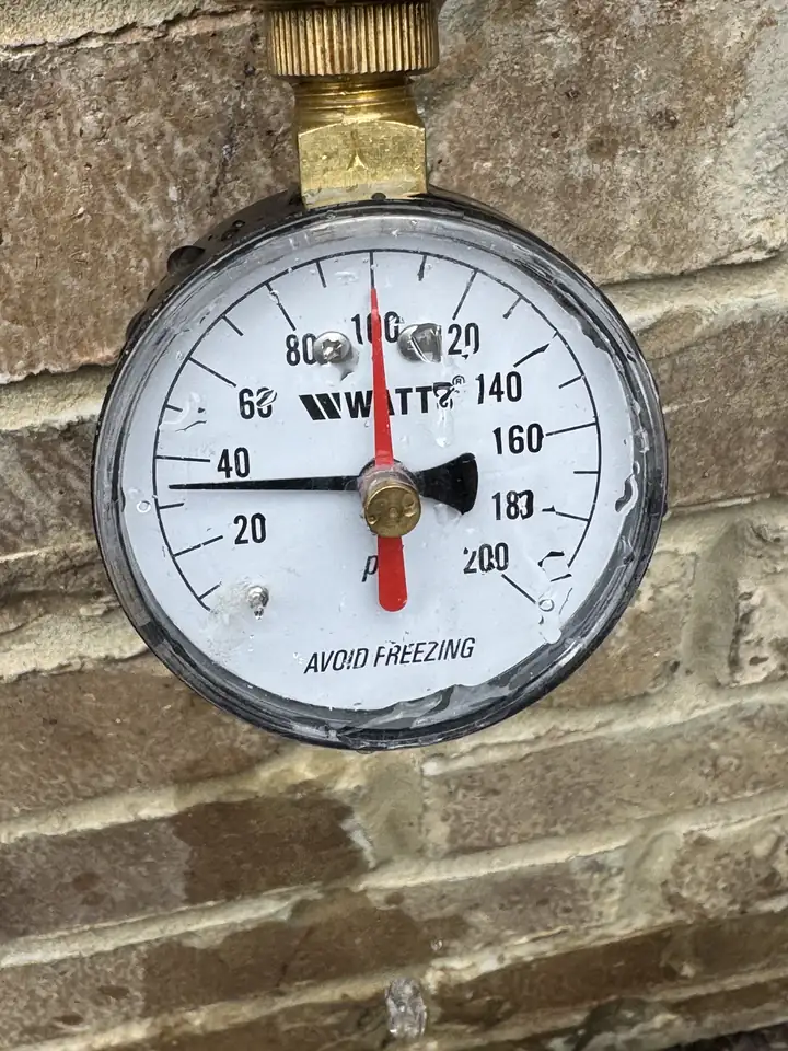 Pressure gauge reading 30 PSI, low water pressure from a failed PRV, Frisco