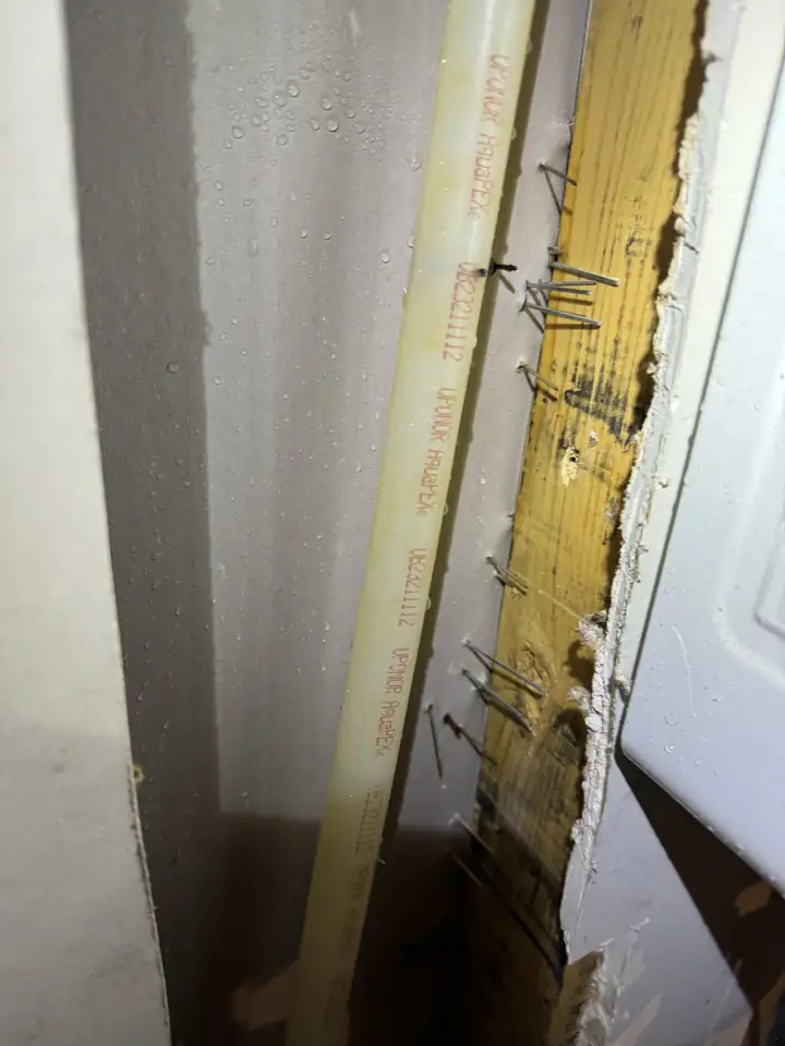 Wood framing inside a wall with a row of nails driven through it and a white PEX line running below, McKinney