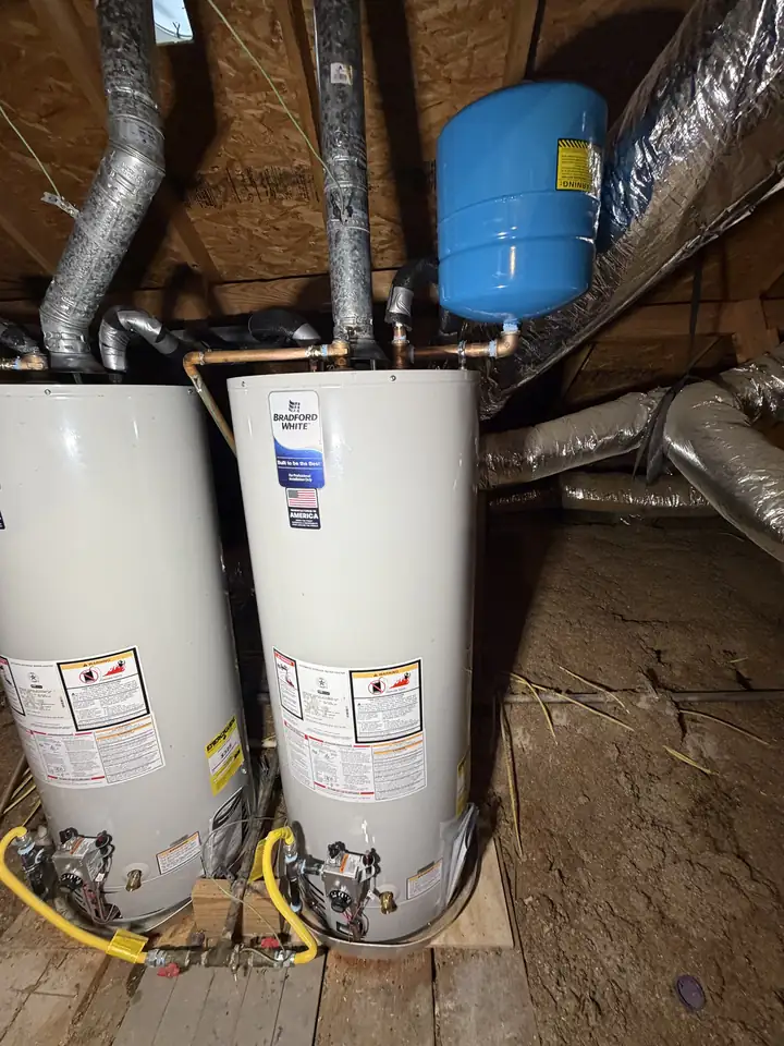 New Bradford White gas water heaters with expansion tank in an attic, Frisco