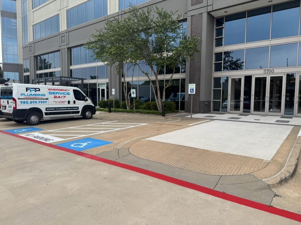 FPP Plumbing service van parked at our office in Plano TX