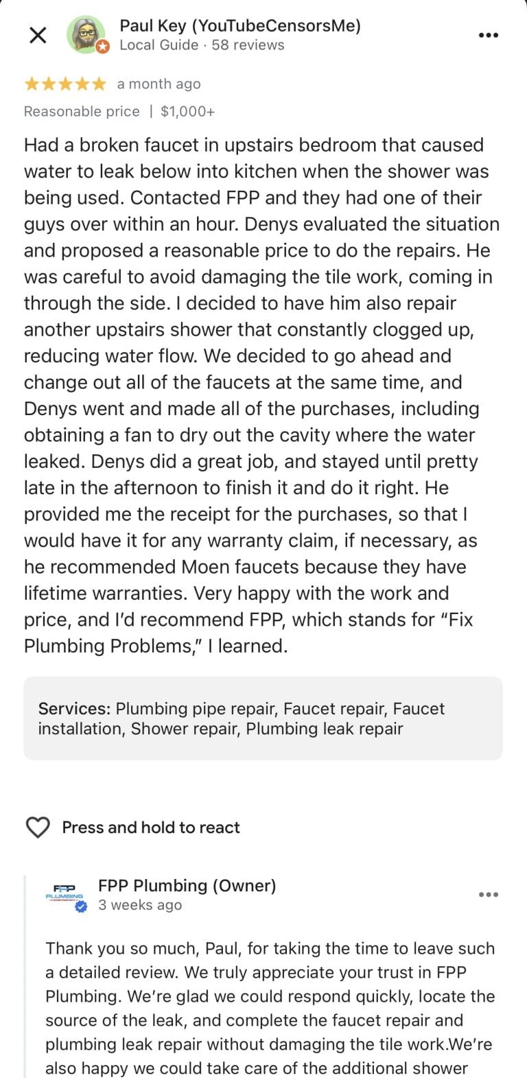 Google review from a Plano homeowner for FPP Plumbing