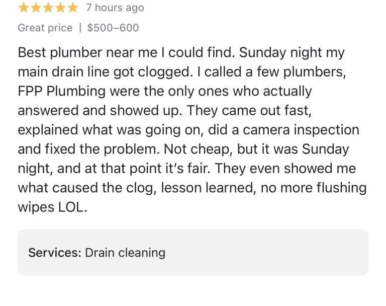 5-star plumbing review in Frisco TX clogged drain line repair by FPP Plumbing