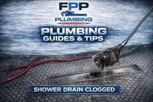clogged shower drain with water backing up in shower floor