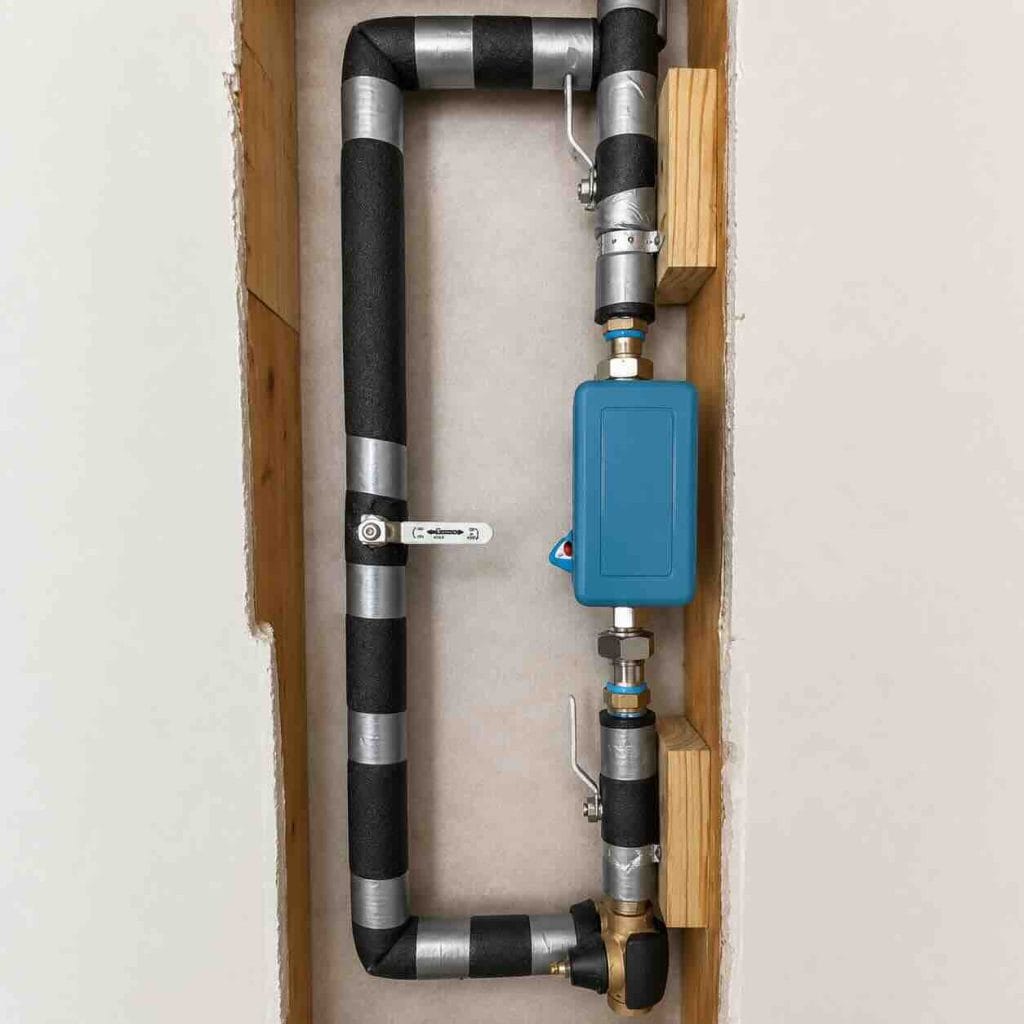YoLink automatic shutoff valve installation with bypass and pipe insulation inside open wall
