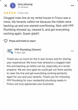 5-star Google review from FPP Plumbing customer in Frisco TX - clogged main line cleared at rental property