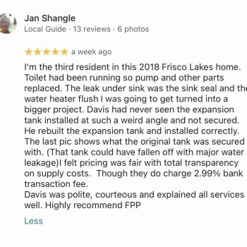 5-star Google review for FPP Plumbing toilet repair, sink leak repair, and water heater expansion tank repair in Frisco Lakes, TX