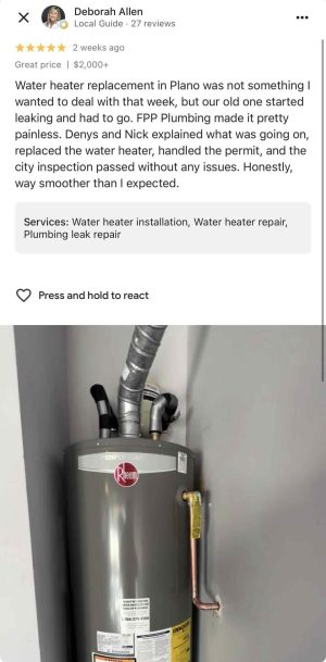 google-review-plano-water-heater-fpp-plumbing.png 5-star Google review for FPP Plumbing - water heater replacement in Plano TX