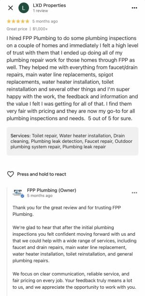 Plumbing Inspection and Repair Review 5-star Google review for FPP Plumbing plumbing inspections and repair work in North Texas