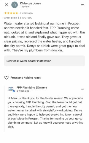 Water Heater Replacement Review in Prosper TX 5-star Google review for FPP Plumbing water heater replacement in Prosper TX